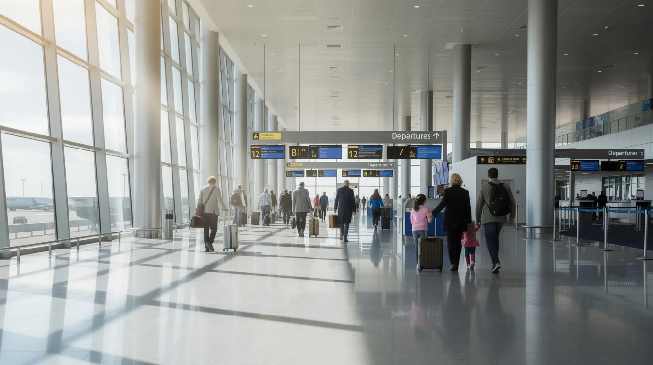 An airport terminal bustling with travelers walking through a brightly lit corridor towards their departure gates, embodying the excitement of their journey with sky bird travel. The atmosphere is filled with anticipation as people navigate through the space, ready to board their flights.