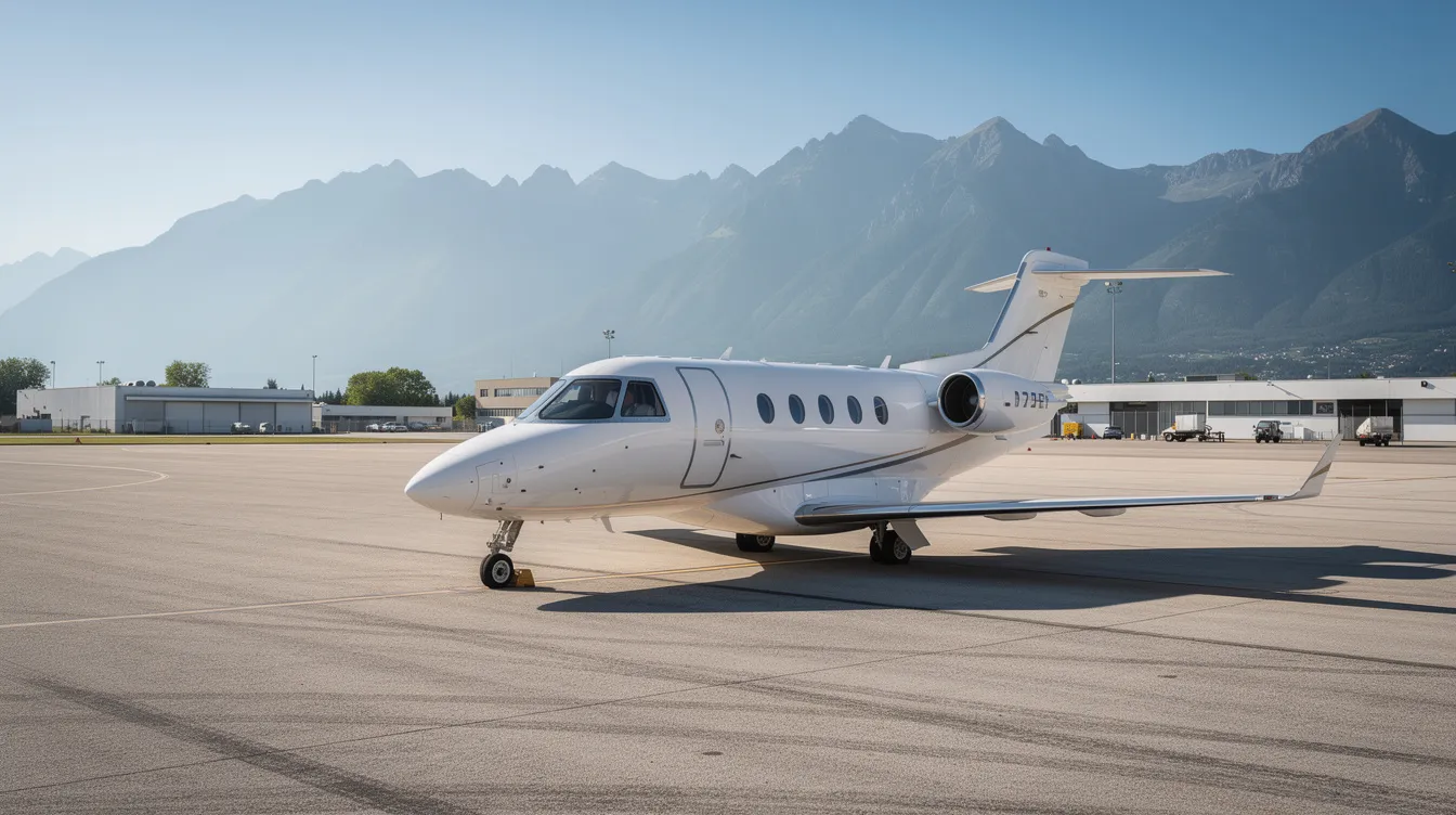 A small private jet is parked on a sunny tarmac at a regional airport, with majestic mountains rising in the background, creating a picturesque scene for travelers. This setting highlights the convenience and luxury of private air travel, perfect for business trips or leisurely journeys with sky bird travel.
