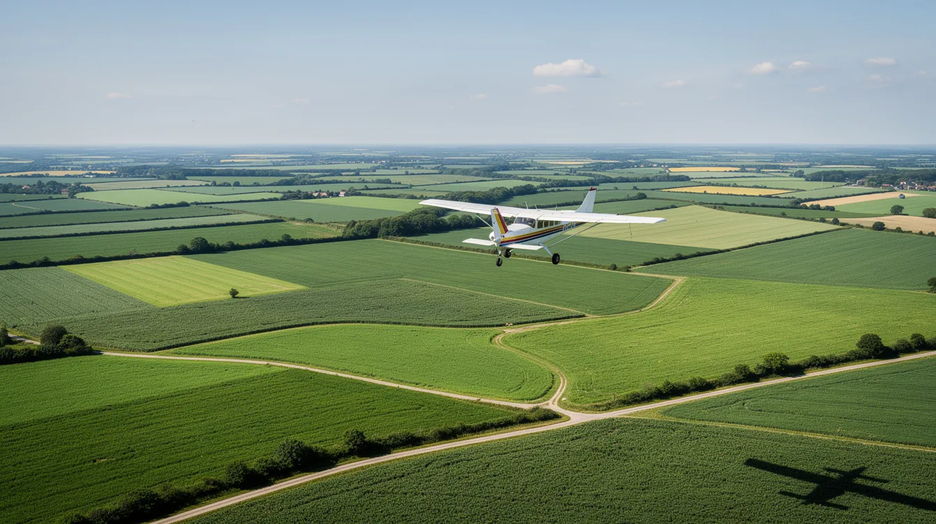 An aerial view captures lush green farmland stretching below, with a small aircraft soaring through the clear blue sky, embodying the spirit of travel and adventure. This scene reflects the essence of skybirdtravel, inviting travelers to explore new destinations.