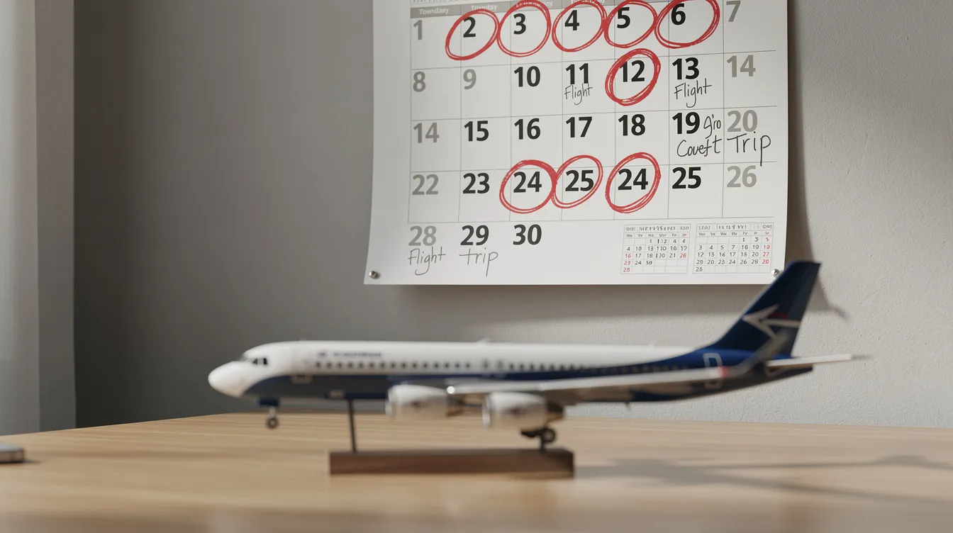 A wall calendar with several dates circled in red marker indicates important travel dates, while a small model airplane sits on the desk beside it, suggesting preparations for upcoming domestic and international travel. This image highlights the importance of planning ahead to find cheap flights and track flight prices for the best deals.