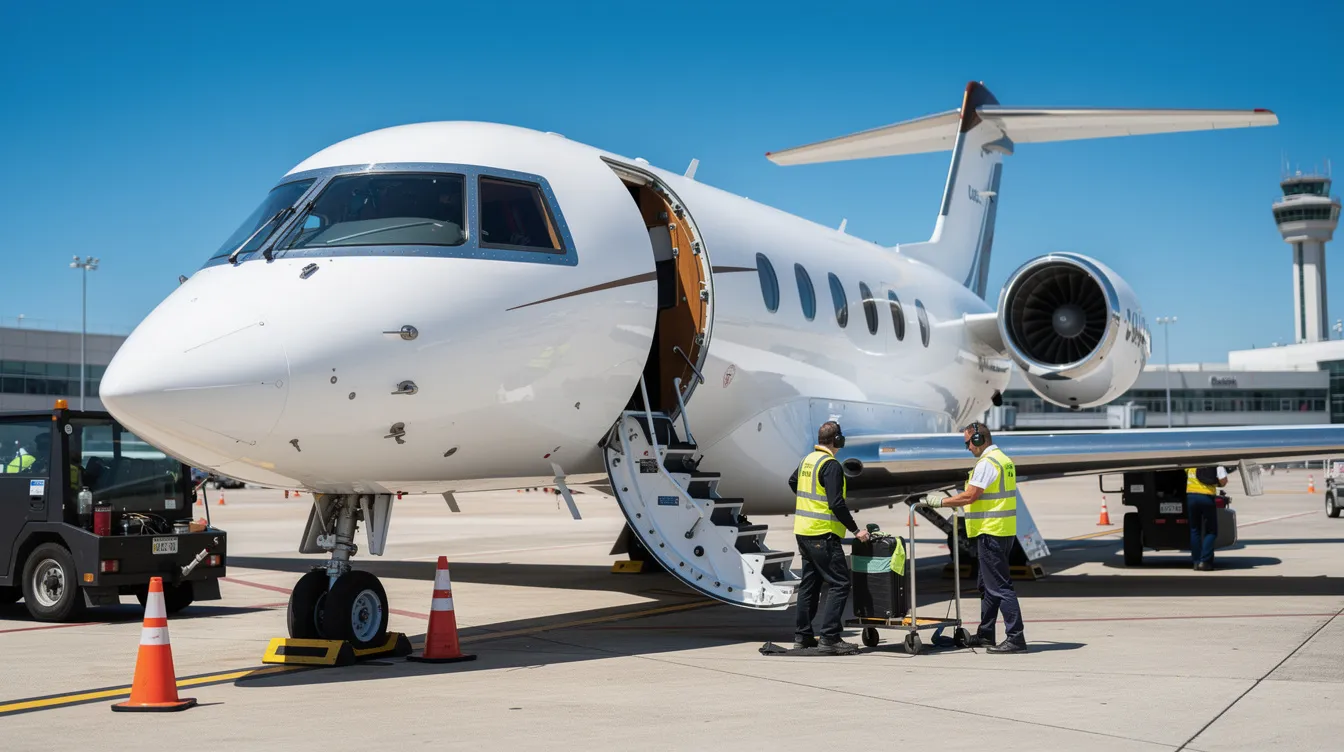A sleek private jet is parked on a tarmac, with ground crew members preparing for departure under a clear blue sky. This scene captures the essence of luxury travel, ideal for those looking to book international flights or track flight prices for the best deals.