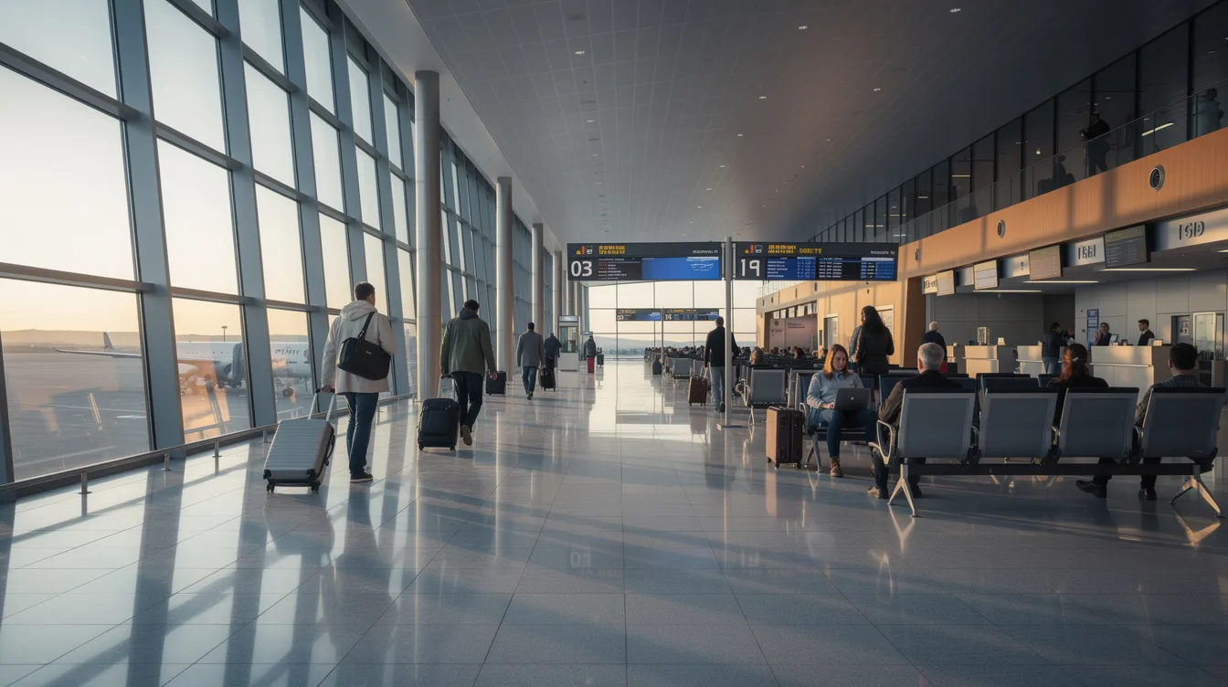 In a quiet airport terminal bathed in soft natural light, passengers are seen walking calmly during an early morning midweek departure, a prime time for booking cheap flights and finding great deals on domestic and international travel. The serene atmosphere suggests a perfect moment for tracking flight prices and planning ahead for upcoming trips.
