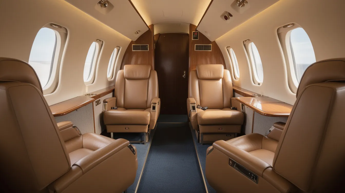 The image depicts the interior cabin of a vintage light business jet, featuring plush leather seats arranged in a compact layout, designed for comfort during short business trips. This space highlights the cabin comfort and efficient use of cabin volume typical of private jets, ideal for private jet owners seeking a stylish travel experience.