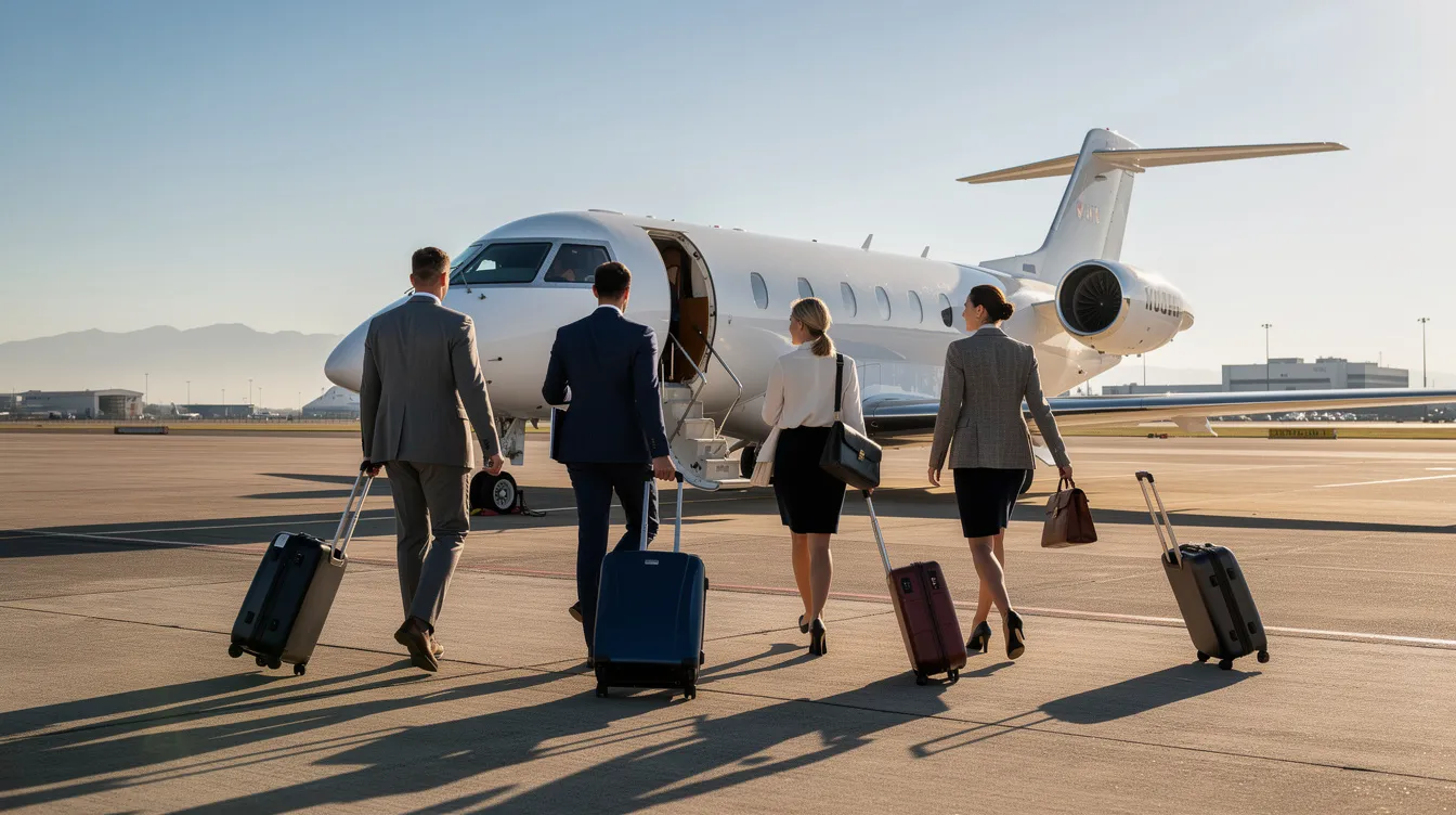 A group of business travelers walks toward a sleek private jet on a sunny tarmac, ready for their next journey. The scene highlights the convenience of private aviation for short business trips, showcasing the efficiency and comfort of modern jet aircraft.