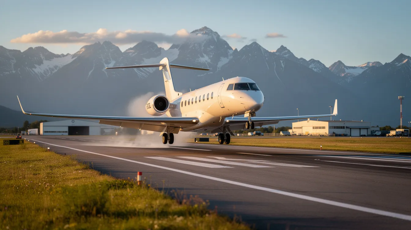 A private jet is taking off from a small regional airport runway, with majestic mountains in the background. This image captures the essence of private aviation, showcasing the convenience and accessibility of private jets for short business trips.