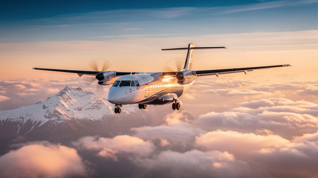 A modern twin-engine turboprop aircraft, resembling a Cessna twin engine, soars above a sea of clouds during the golden hour, casting a warm glow on the mountainous terrain below. The aircraft features an upgraded Garmin panel and a spacious cabin, emphasizing its versatility and performance in aviation.