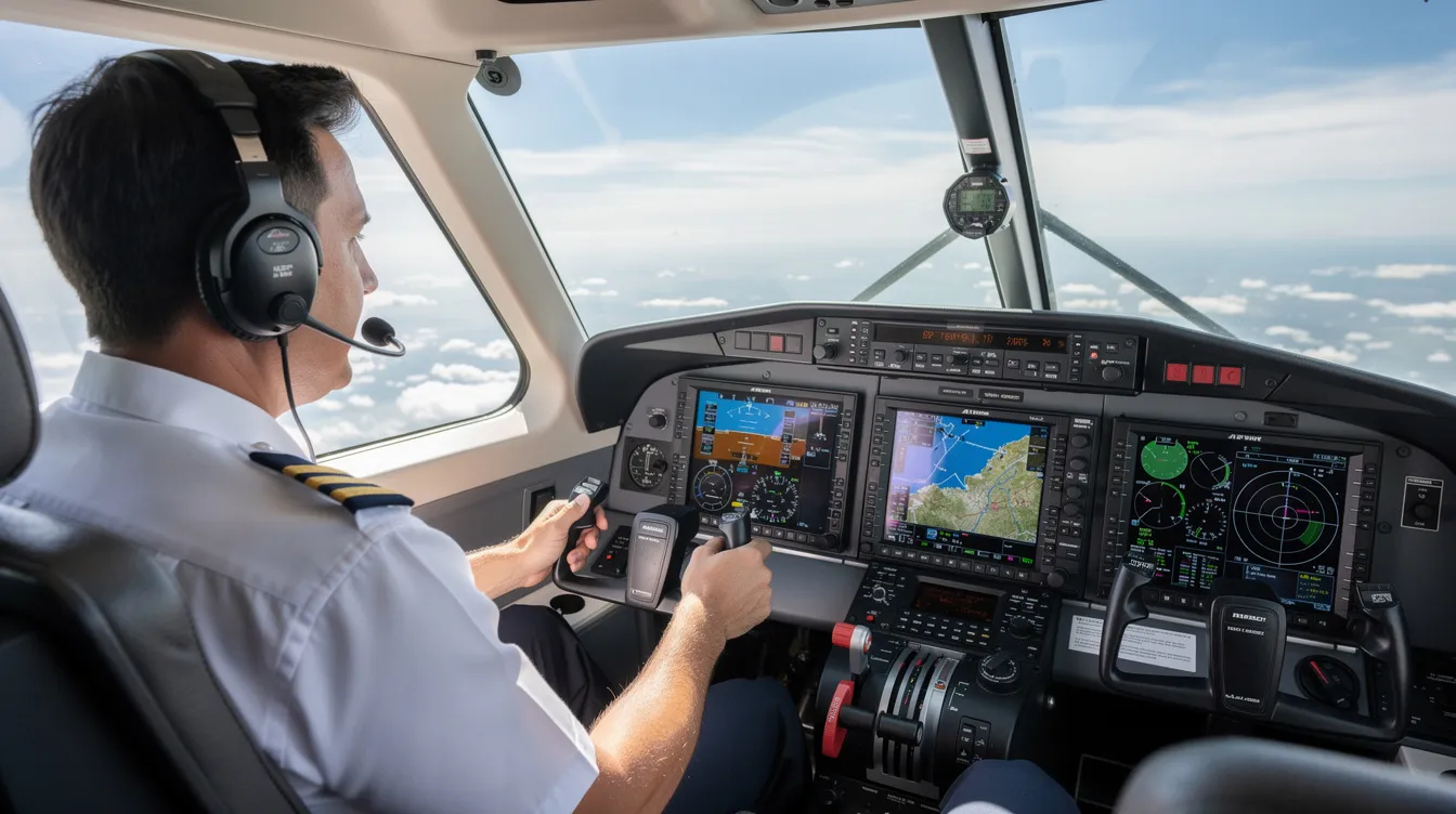 A pilot sits in the cockpit of a twin-engine Cessna aircraft, surrounded by modern avionics including an upgraded glass Garmin panel displaying essential flight information. The cockpit features a spacious design, emphasizing the aircraft's performance and versatility for private flights.