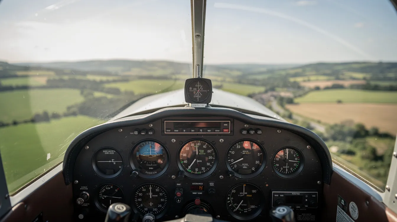 The image shows the interior of a small aircraft cockpit, with analog gauges clearly visible on the instrument panel, as the viewer looks out over a lush green landscape. This perspective is typical for student pilots undergoing flight training in training aircraft like the Cessna 152 or 172, highlighting the spacious cockpit and controls essential for safe flying.