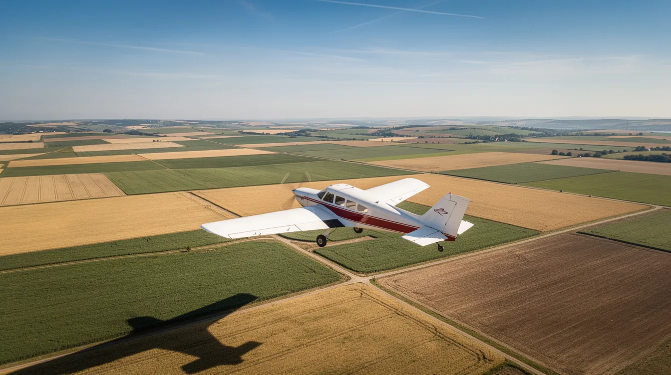 A small single-engine aircraft, resembling a Cessna 152, is flying over a patchwork of farmland on a clear sunny day, showcasing its spacious cockpit and the potential for flight training. This scene captures the essence of private training and the joy of flying, as student pilots practice their skills in a picturesque landscape.