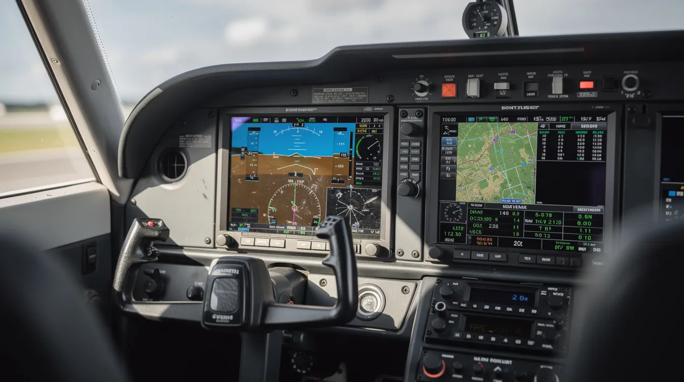A close-up view of a modern glass cockpit inside a single engine piston aircraft, featuring advanced digital flight displays that enhance pilot training for student pilots. The sleek interior showcases the Cessna aircraft company's commitment to safety and reliability in general aviation.