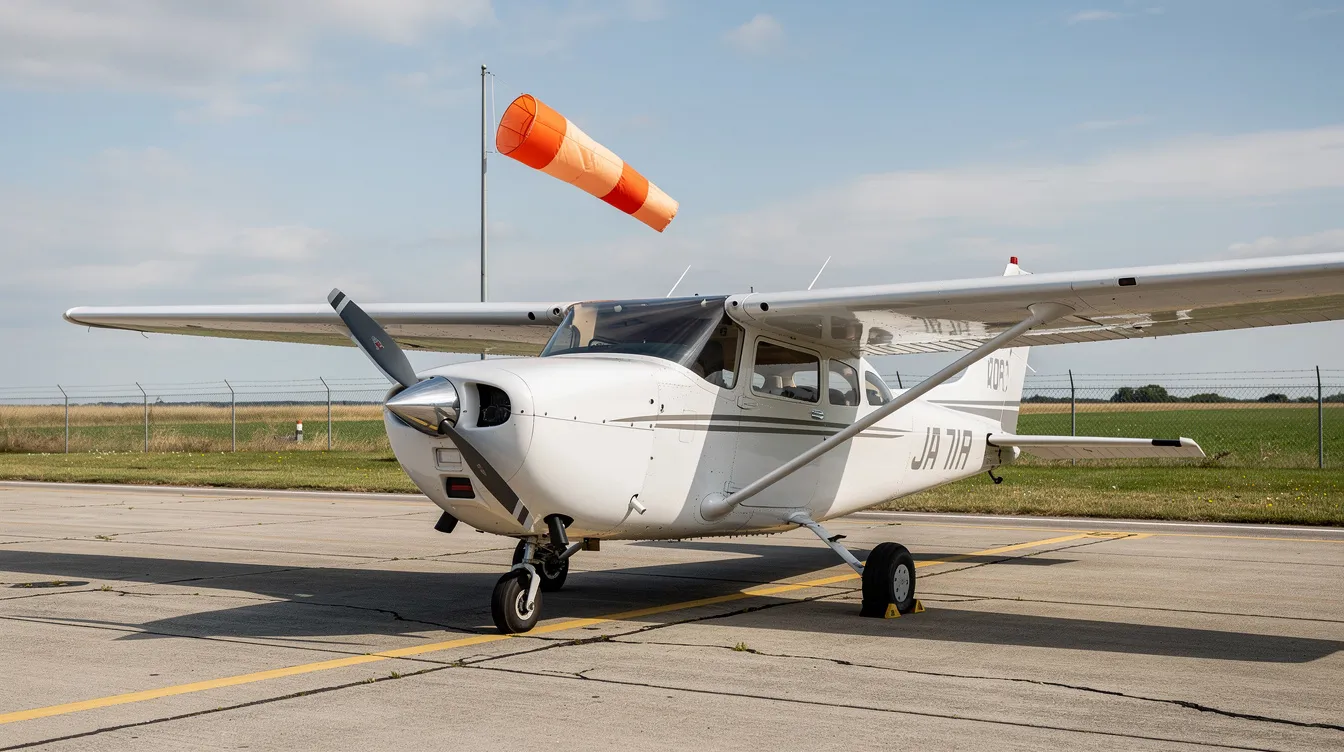 A white Cessna 172 Skyhawk, a popular single engine piston aircraft known for its reliability and versatility, is parked on a small airport ramp, with a windsock fluttering in the background. This aircraft is often used for pilot training and is favored by flight schools for its performance and ease of access.