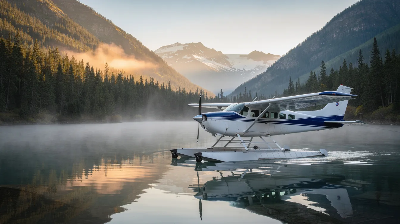 A Cessna floatplane, a single engine piston aircraft, is anchored on a calm mountain lake surrounded by lush green forests, showcasing its versatility as a perfect aircraft for exploring serene landscapes. The reflection of the trees in the water adds to the tranquil atmosphere, making it an ideal setting for pilot training and flight schools.