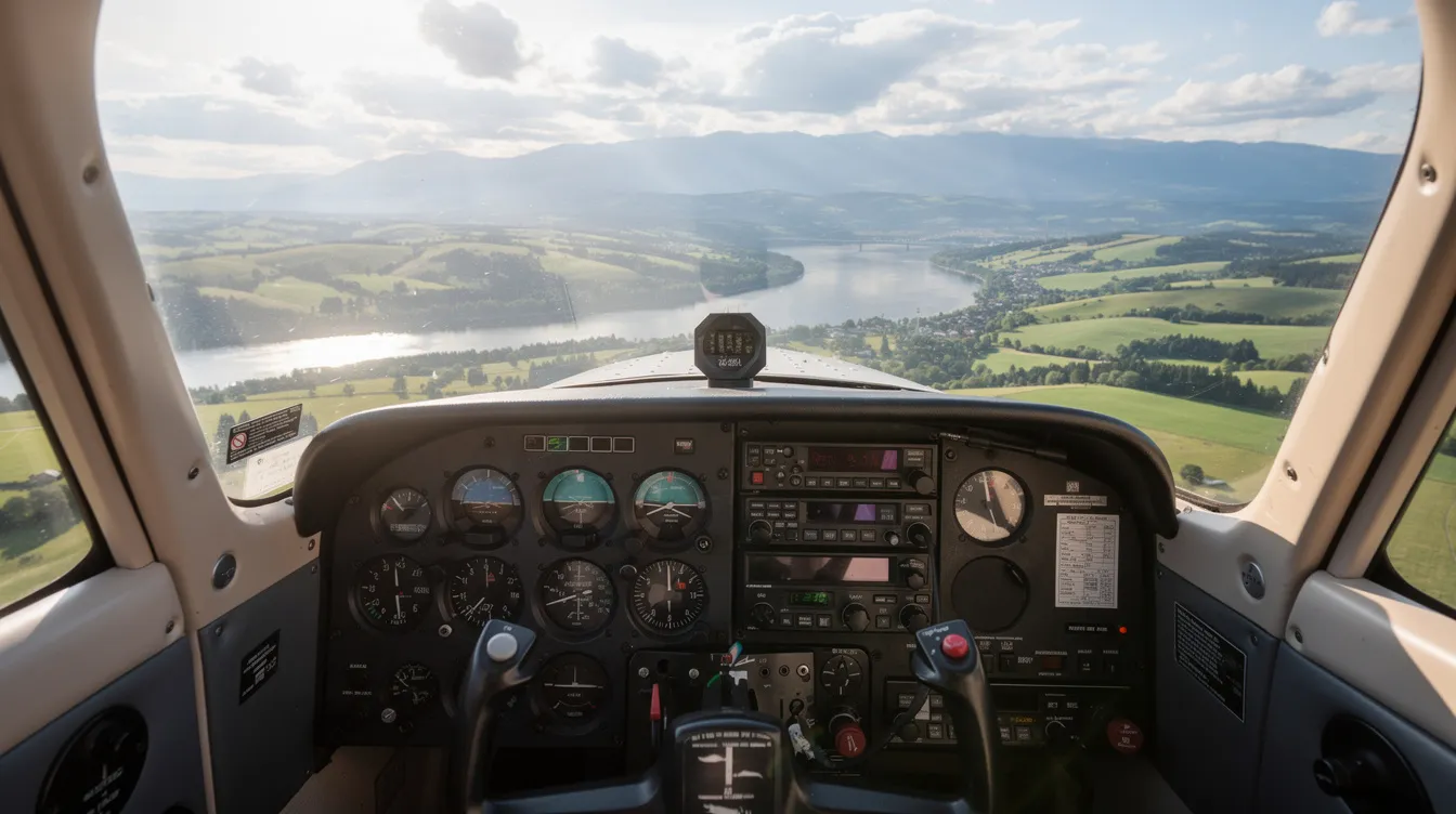 The image shows the interior of a small airplane cockpit, highlighting the instrument panel with various gauges and controls, while a scenic landscape stretches out ahead, showcasing the great visibility typical of a Cessna 172 Skyhawk. This view captures the essence of flight training for student pilots, emphasizing the importance of effective flight planning and fuel management for maximizing range and endurance during cross-country flights.