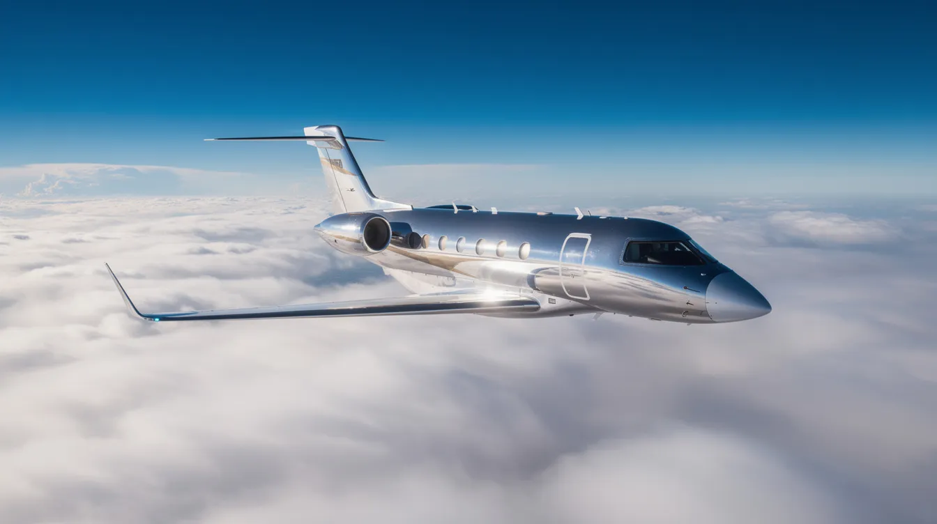 A sleek private jet soars high above a blanket of white clouds, with sunlight glinting off its polished fuselage, showcasing its impressive aircraft performance. This scene captures the essence of luxury air travel, highlighting the jet's maximum cruise speed and efficiency as it navigates optimal altitudes.