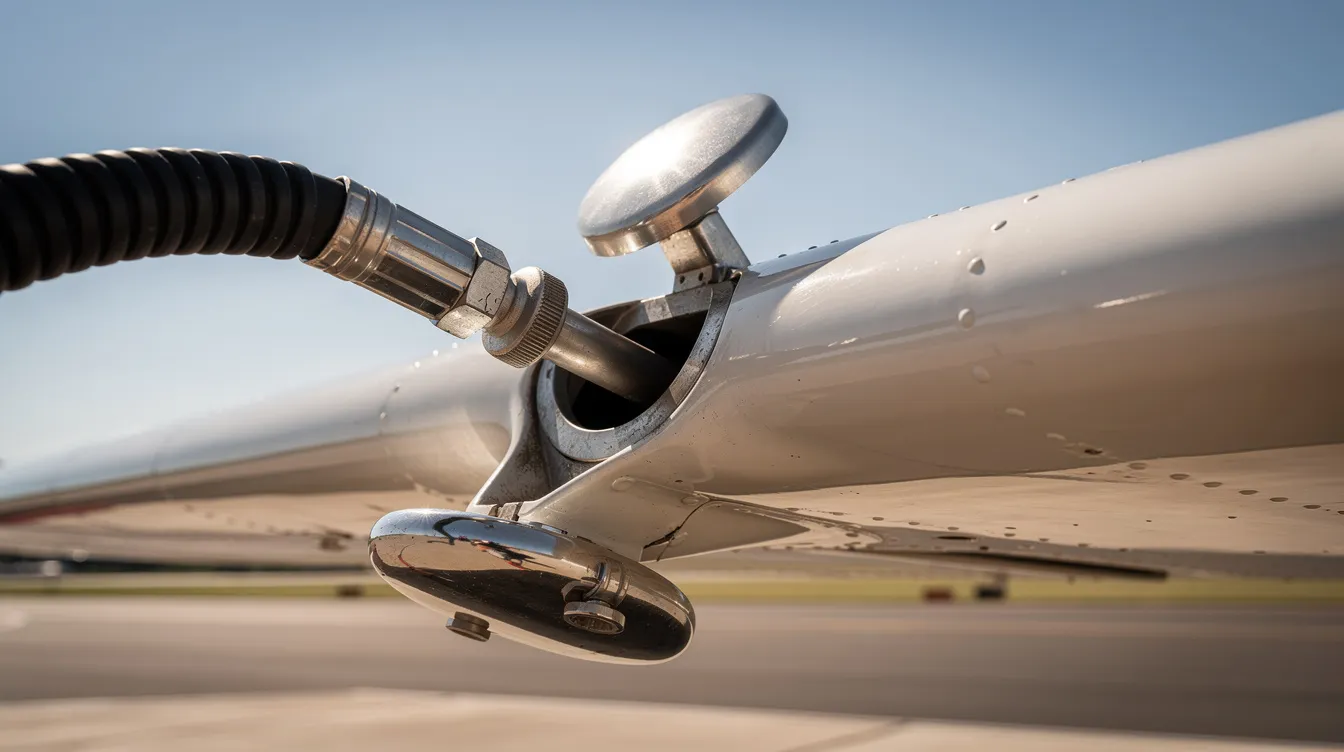 A close-up view of a small aircraft wing fuel tank being refueled on a sunny day, showcasing the intricate details of the fuel system essential for optimal aircraft performance. The image highlights the importance of maintaining full fuel capacity for successful flights, particularly in training scenarios for student pilots.