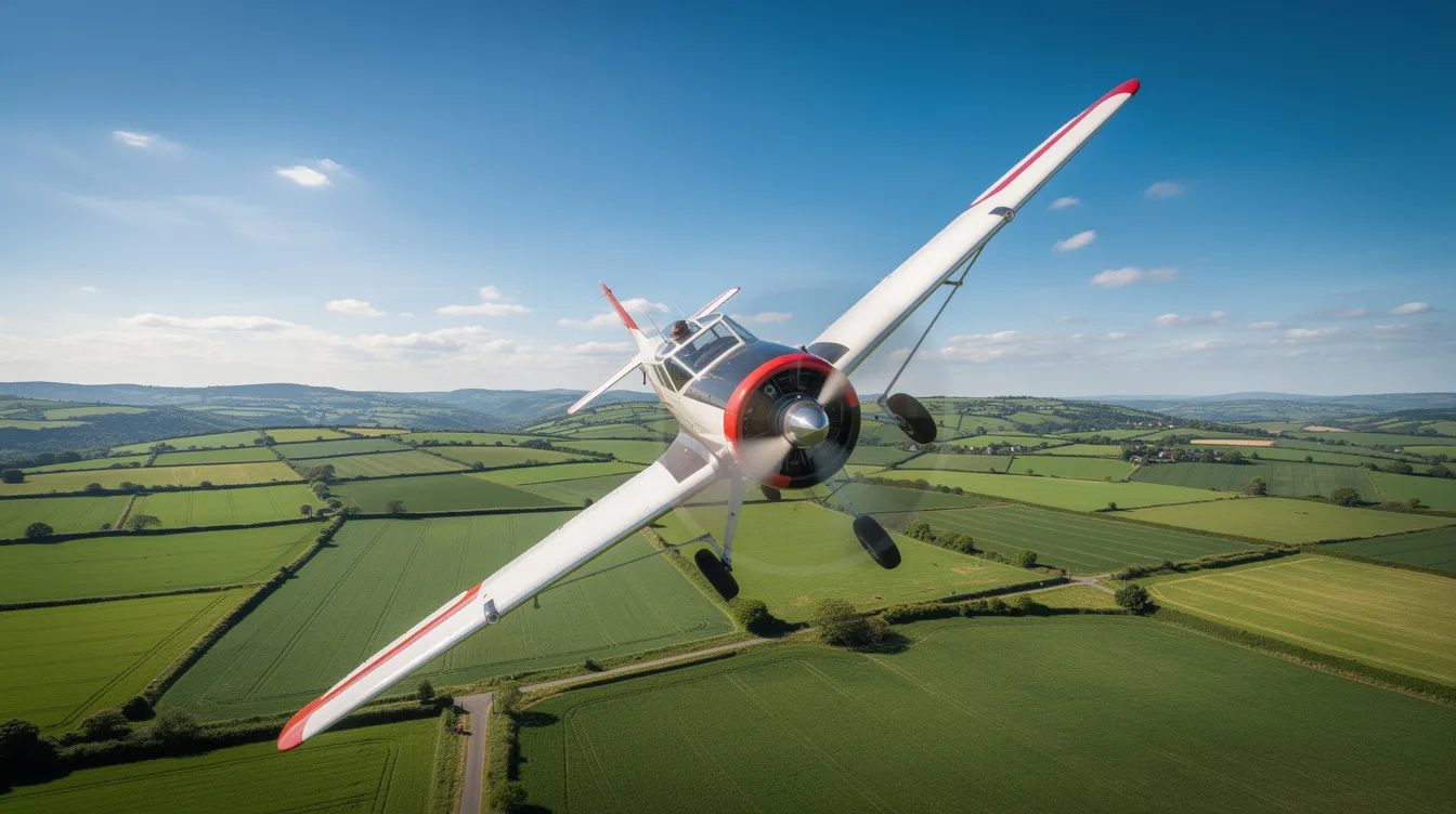 A small single-engine Cessna aircraft is climbing steeply over lush green fields under a clear blue sky, showcasing its impressive climb performance and efficiency in flight. The aircraft, equipped with a horizontally opposed engine and a fixed pitch propeller, represents the reliability and optimal performance of general aviation.