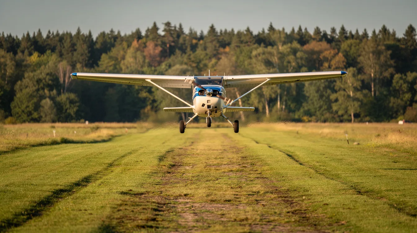 A Cessna 172 airplane is landing on a short grass runway, with its landing gear lowered and wings extended, while trees provide a scenic backdrop in the distance. The aircraft's fuselage glistens in the sunlight as the pilot prepares for touchdown.