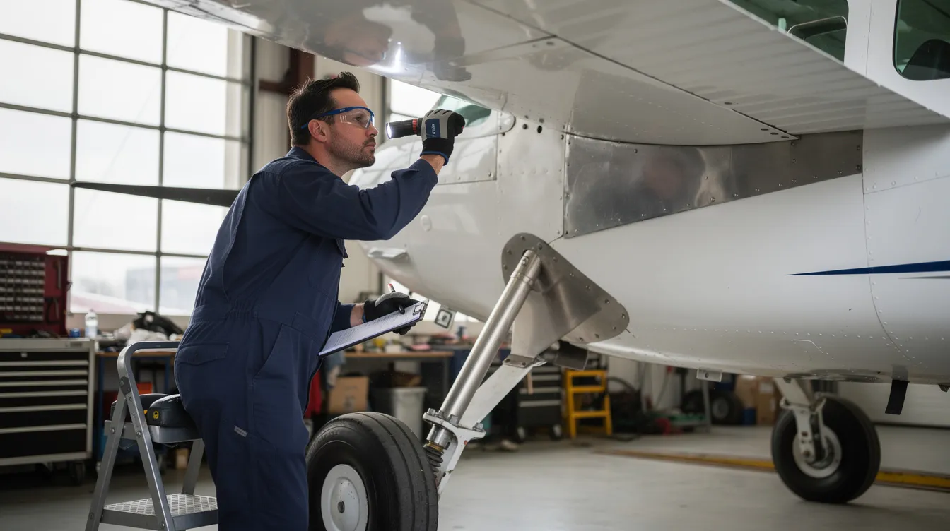 A mechanic is inspecting the underside of a Cessna wing near the strut attachment point, checking for any signs of damage or wear. The aircraft appears to be in a maintenance area, with tools and equipment nearby, emphasizing the importance of safety and quality in aviation.