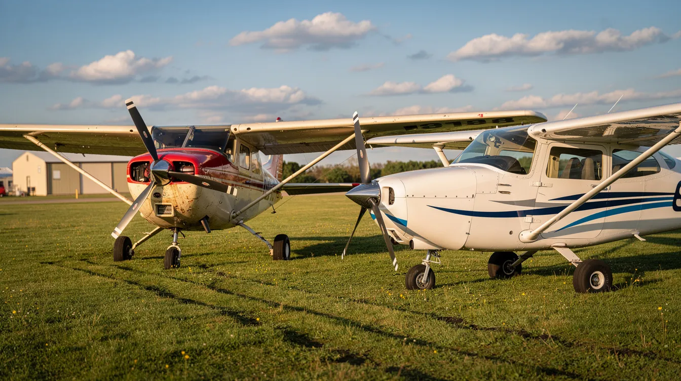 The image shows two Cessna 172 aircraft from different eras parked side by side on a grassy airfield, highlighting their distinct fuselage designs and wing configurations. The older model features classic landing gear, while the newer version showcases modern avionics and a higher gross weight capacity.