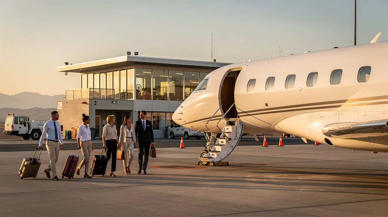 A modern private jet is parked at a small airport terminal, with passengers walking toward it, ready to board. This scene captures the essence of private aviation, highlighting the convenience and luxury of flying in a specific aircraft like the Cessna 172S.