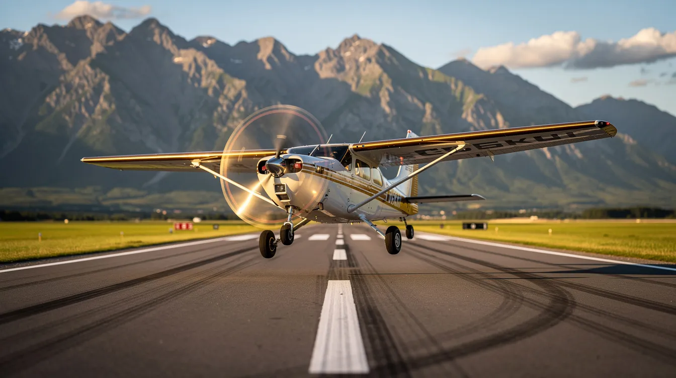A small single-engine Cessna 172S airplane is taking off from a paved runway, with majestic mountains rising in the background. This scene highlights the aircraft's performance in aviation, as a pilot operates the plane, showcasing essential flying procedures.