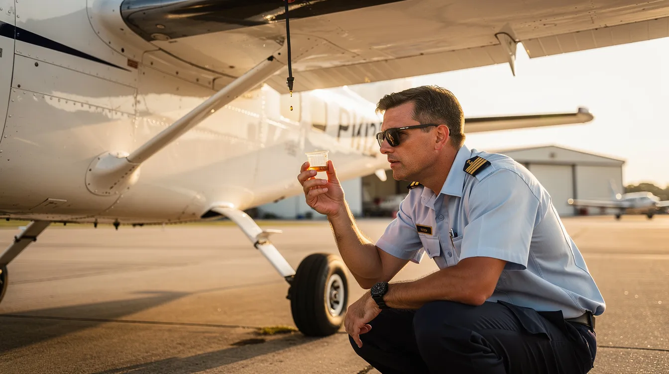 A student pilot crouches under the wing of a Cessna 172, carefully checking the fuel drains as part of the pre-flight checklist. This essential safety step ensures reliable fuel levels before embarking on their flight training journey.