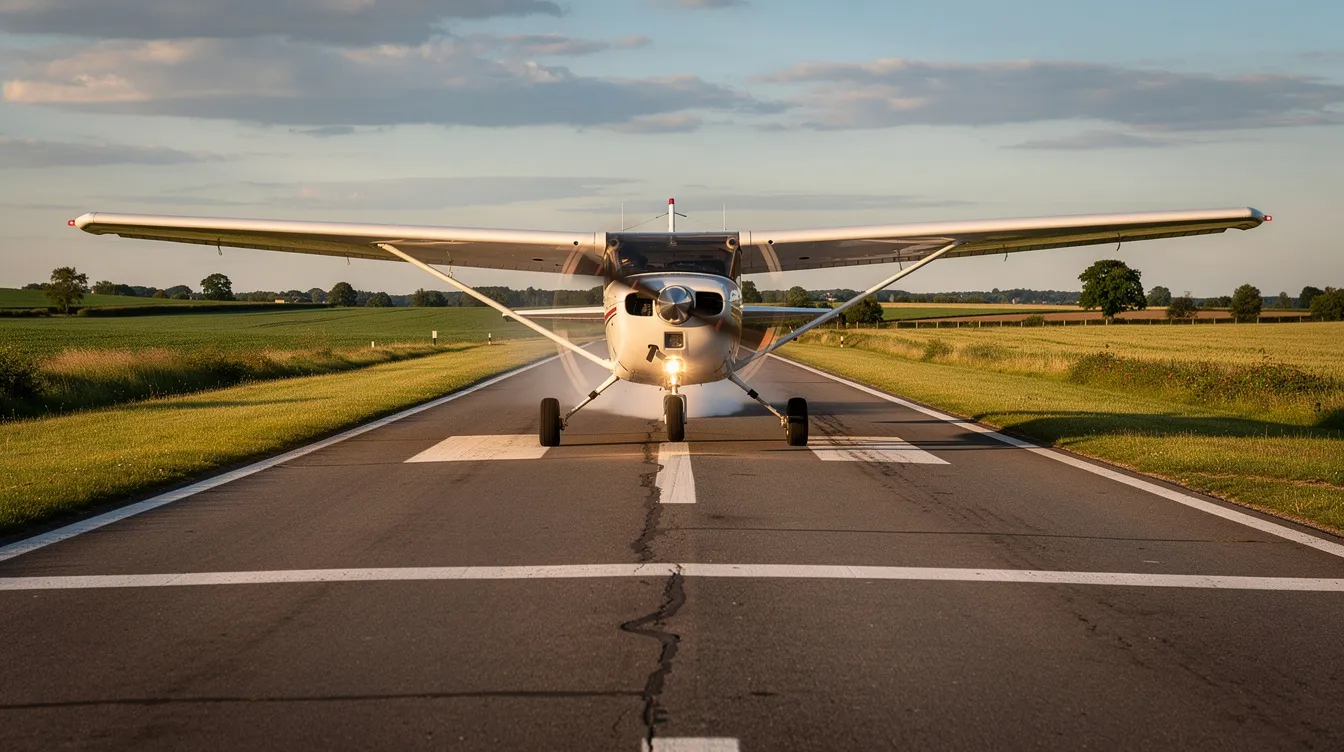A small Cessna 172, known for its reliable high-wing design, is touching down on a rural runway surrounded by lush green fields, marking a significant moment in the journey of a student pilot during their flight training. The scene captures the essence of aviation, showcasing the excitement of landing as part of the preparation for obtaining a private pilot's license.