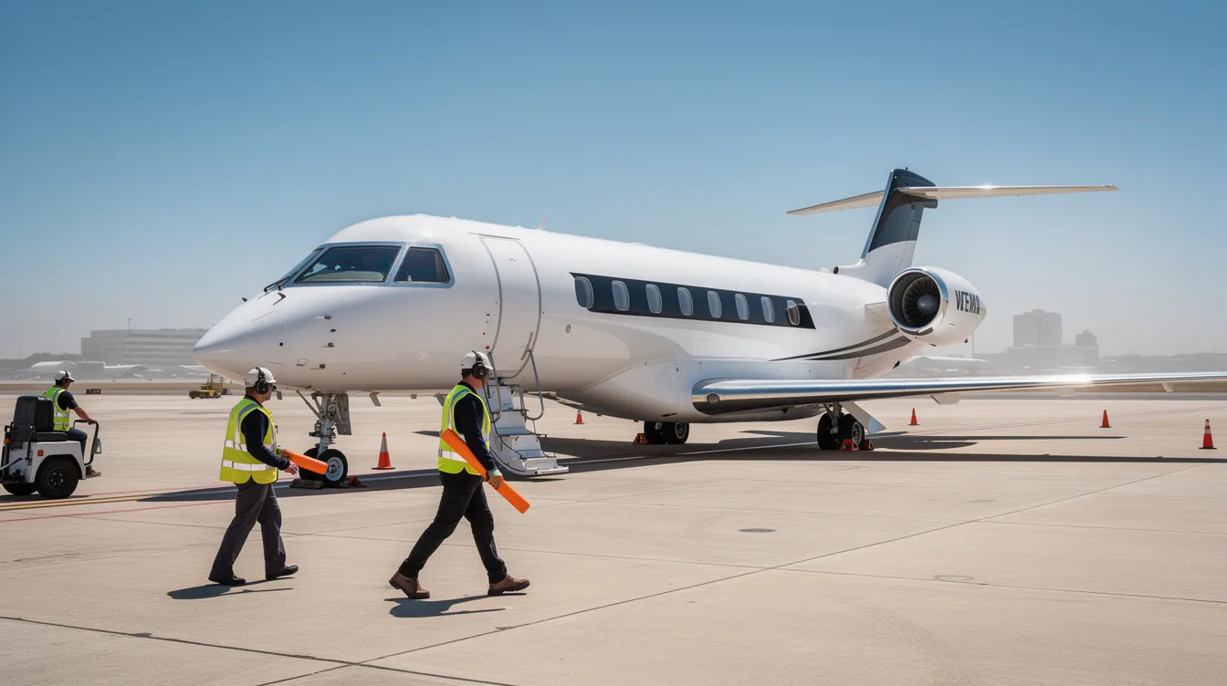 A sleek modern private jet is parked on the tarmac, surrounded by ground crew who are preparing for its next flight. Above, the clear blue sky sets the perfect backdrop for the aviation world, highlighting the reliability and elegance of this aircraft.