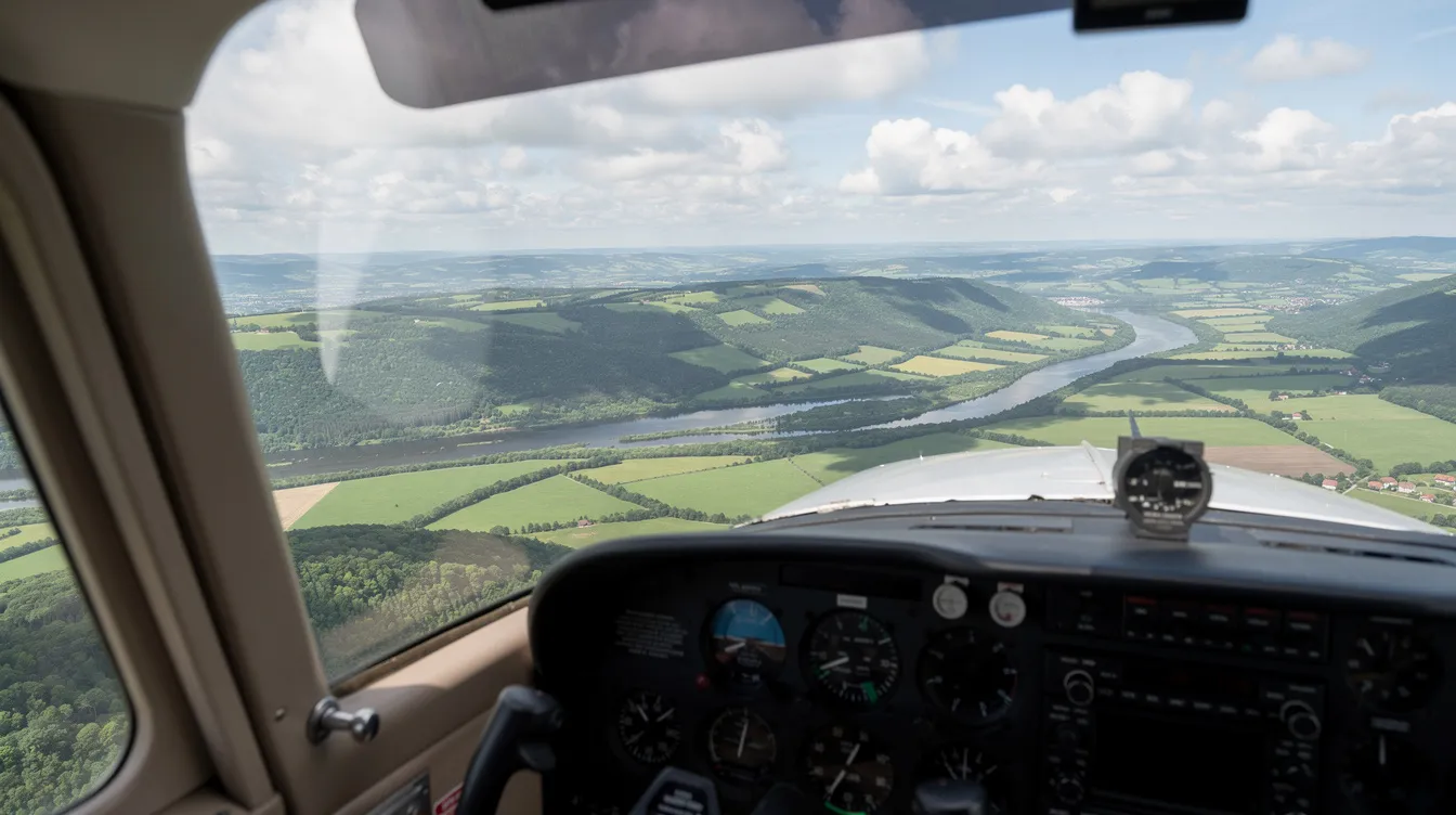 An aerial view from the cockpit of a Cessna 172 shows the lush green countryside below, featuring a winding river and scattered clouds in the sky. This image captures the essence of flight training, highlighting the beauty of aviation while a student pilot navigates through the skies.