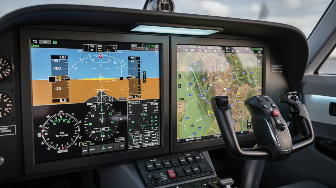 The image features a modern glass cockpit of a Cessna TTX aircraft, showcasing two large widescreen displays that present flight instruments and a moving map, along with a side-stick controller for enhanced control. This sleek cockpit design emphasizes high performance and advanced technology, typical of Textron Aviation's luxury piston private travel offerings.