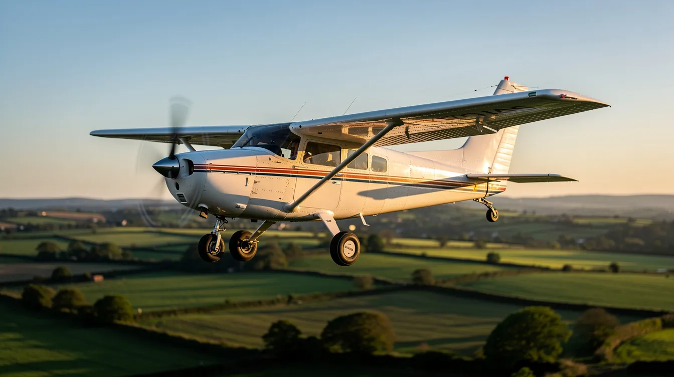 A light single-engine Cessna 150 aircraft is flying gracefully over lush green countryside, showcasing its sleek design and wings. The image captures the aircraft in mid-flight, emphasizing its performance and the scenic landscape below.