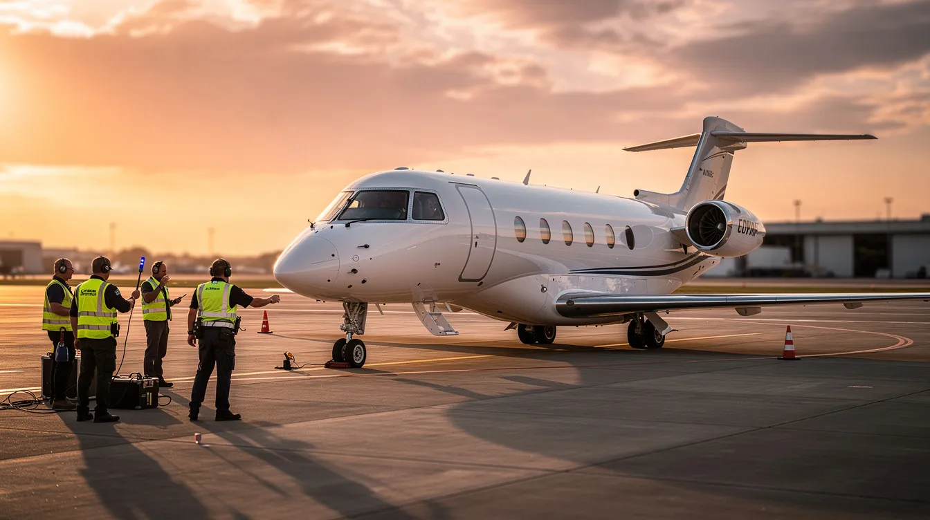 A private jet is parked on a tarmac during a stunning golden hour sunset, with a ground crew nearby preparing for its next flight. The aircraft, featuring sleek wings and a spacious cabin, stands out against the colorful sky, showcasing its impressive design and performance capabilities.