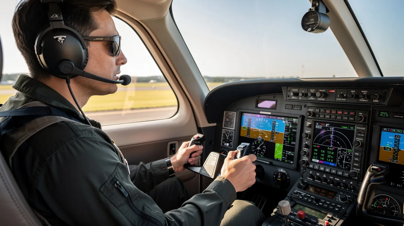 A pilot sits in the cockpit of a Cessna 150, attentively monitoring the modern instrument panel that displays crucial flight information such as fuel capacity and flight plan details. The cockpit features a two-seat configuration, designed for optimal performance and comfort during flights.