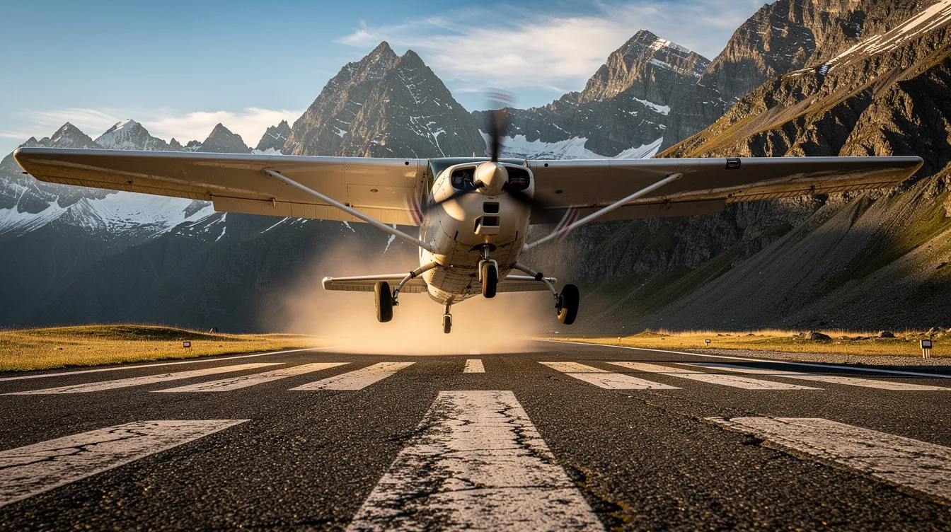 A small Cessna 150 airplane is taking off from a short runway, with majestic mountains visible in the background. The aircraft features a two-seat design and is powered by an engine that enhances its climb performance, making it ideal for scenic flights.