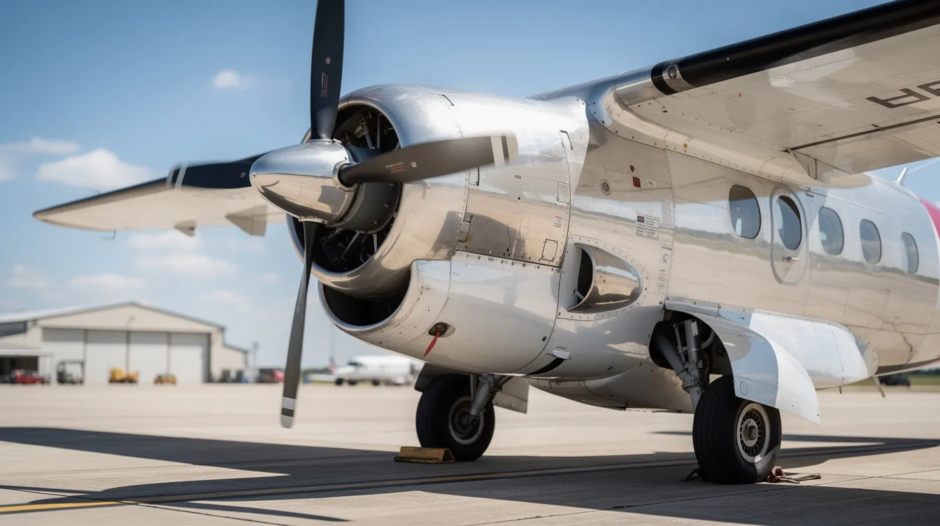 A close-up view of a turboprop engine mounted on a high-wing aircraft, specifically the Cessna P210 Silver Eagle, showcases the intricate details of the powerplant against a sunny ramp backdrop. The image highlights the engine's design and performance capabilities, emphasizing its reliability and efficiency in propjet aviation.