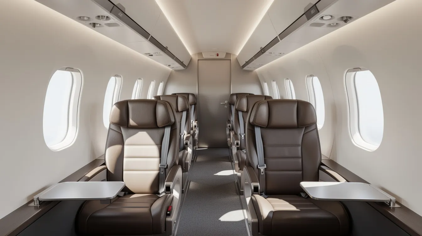 The image depicts the interior of a modern turboprop aircraft cabin featuring plush leather seats and large oval windows, providing ample visibility of the skies outside. This comfortable and stylish aircraft cabin exemplifies the high standards of Textron Aviation and its commitment to innovative design.
