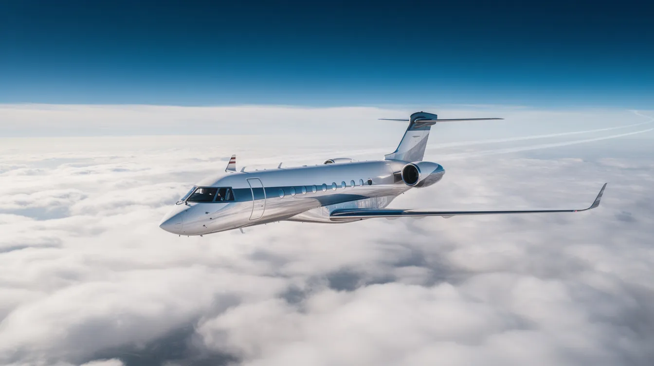 A sleek private jet is soaring above a dense cloud layer at high altitude, with sunlight glinting off its fuselage, showcasing its impressive performance and cruise speed. The aircraft represents the pinnacle of aviation design, capable of climbing higher and maintaining a service ceiling that allows it to fly above typical training aircraft like the Cessna 172.
