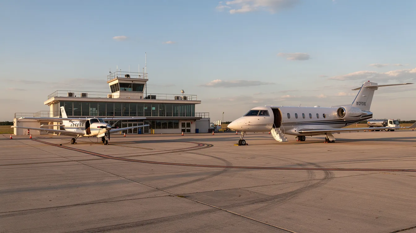 The image shows a small regional airport tarmac featuring a parked single-engine Cessna 172, a popular training aircraft, alongside a sleek private jet. This scene captures the contrast between light weight, general aviation planes and more luxurious models, providing easy access for student pilots and experienced aviators alike.
