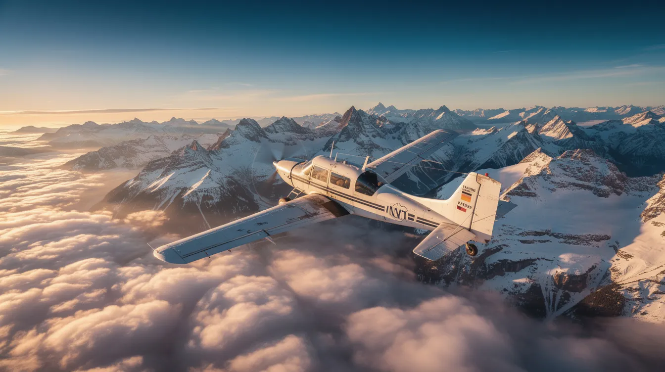 A small single-engine Cessna 172 aircraft is soaring above majestic snow-capped mountain peaks, with fluffy clouds drifting below it. This training aircraft showcases its capabilities as it climbs higher, demonstrating the performance and specifications of a horizontally opposed aircraft engine in flight.