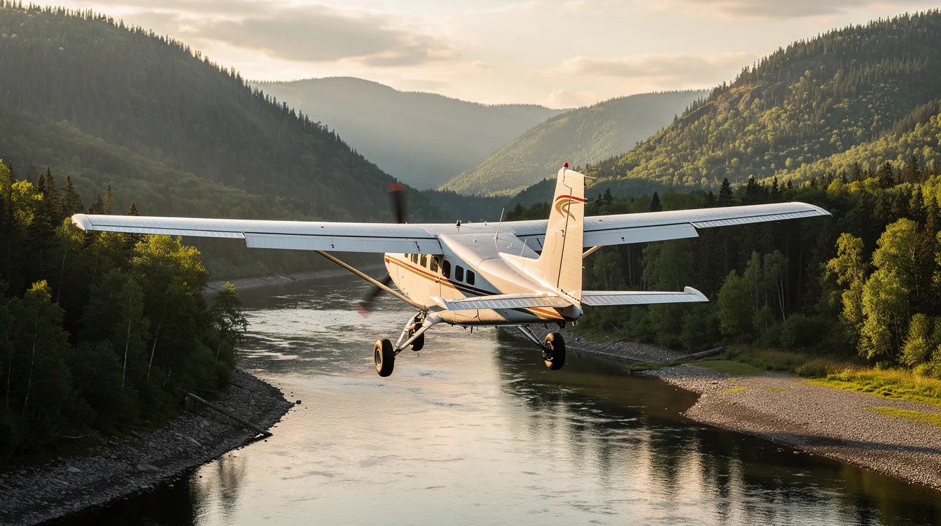 A Cessna Caravan, a popular aircraft known for its versatility, is flying low over a serene river valley, with lush forested hills rising in the background. The aircraft showcases its powerful turboprop engine as it navigates the scenic landscape, highlighting the beauty of aviation and nature combined.