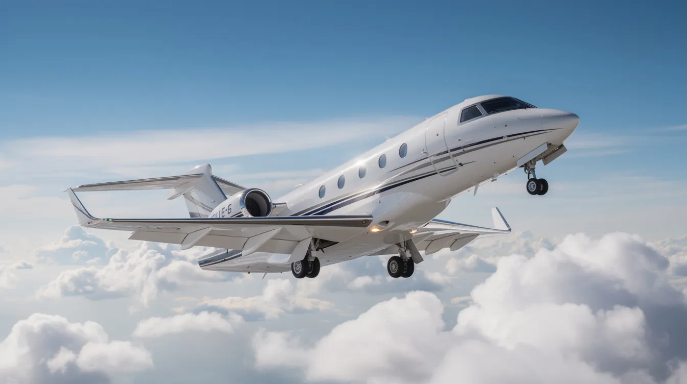 A Citation business jet is seen climbing through scattered clouds, with its landing gear retracting as it ascends into the sky. This aircraft, known for its performance and efficiency, showcases the latest technology in aviation, designed for optimal cruise speed and passenger comfort.