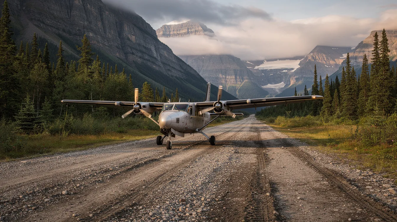 A turboprop aircraft is positioned on a remote gravel runway, framed by towering mountains and thick forest, creating a serene and adventurous atmosphere. This scene invites viewers to explore the beauty of nature and aviation, reminiscent of Cessna pictures showcasing rugged landscapes.
