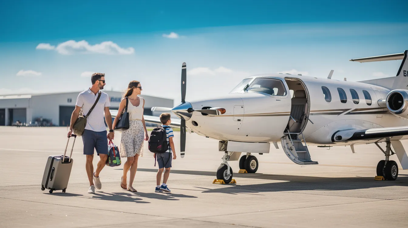 A small Cessna aircraft is parked on a sunny airport ramp, with a family of four approaching the open cabin door while carrying travel bags. The bright blue sky and warm sunlight create a cheerful atmosphere as they prepare for their journey.