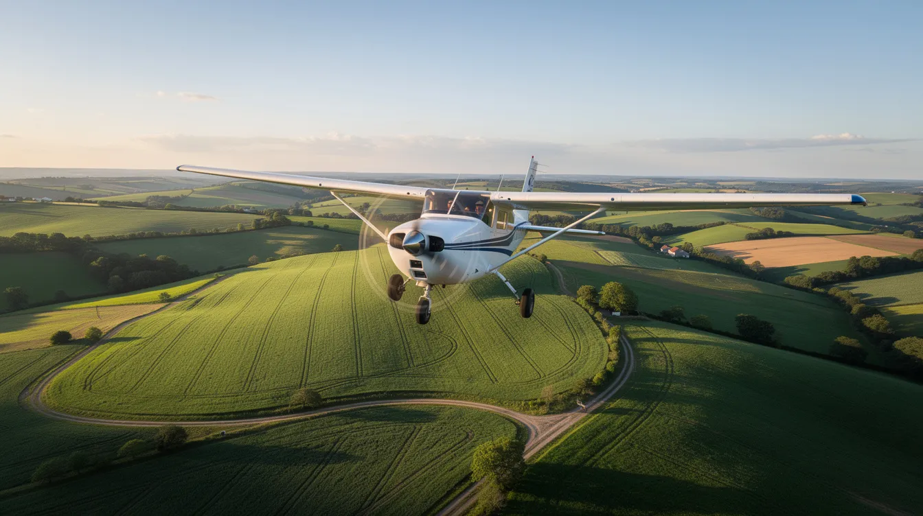 A small single-engine Cessna aircraft is flying low over lush green rolling hills and farmland, showcasing the beauty of the landscape below. This scene highlights the aircraft's flight capabilities, emphasizing its suitability for scenic routes and travel requirements in aviation.