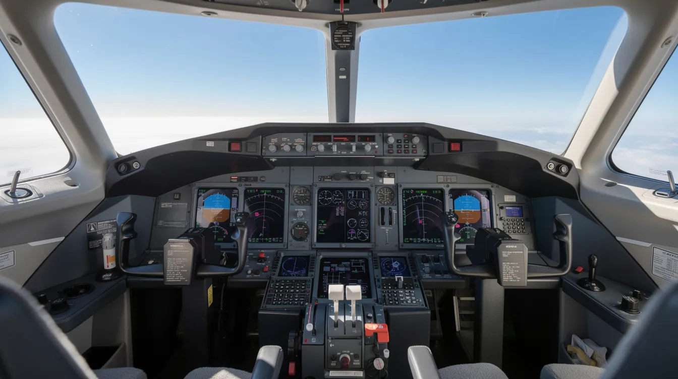 A cockpit view from inside a private jet showcases the instrument panel with various gauges and controls, while a clear blue sky stretches ahead, indicating a perfect day for flight. This image highlights the aircraft's operational environment, essential for aviation enthusiasts and flight planning.