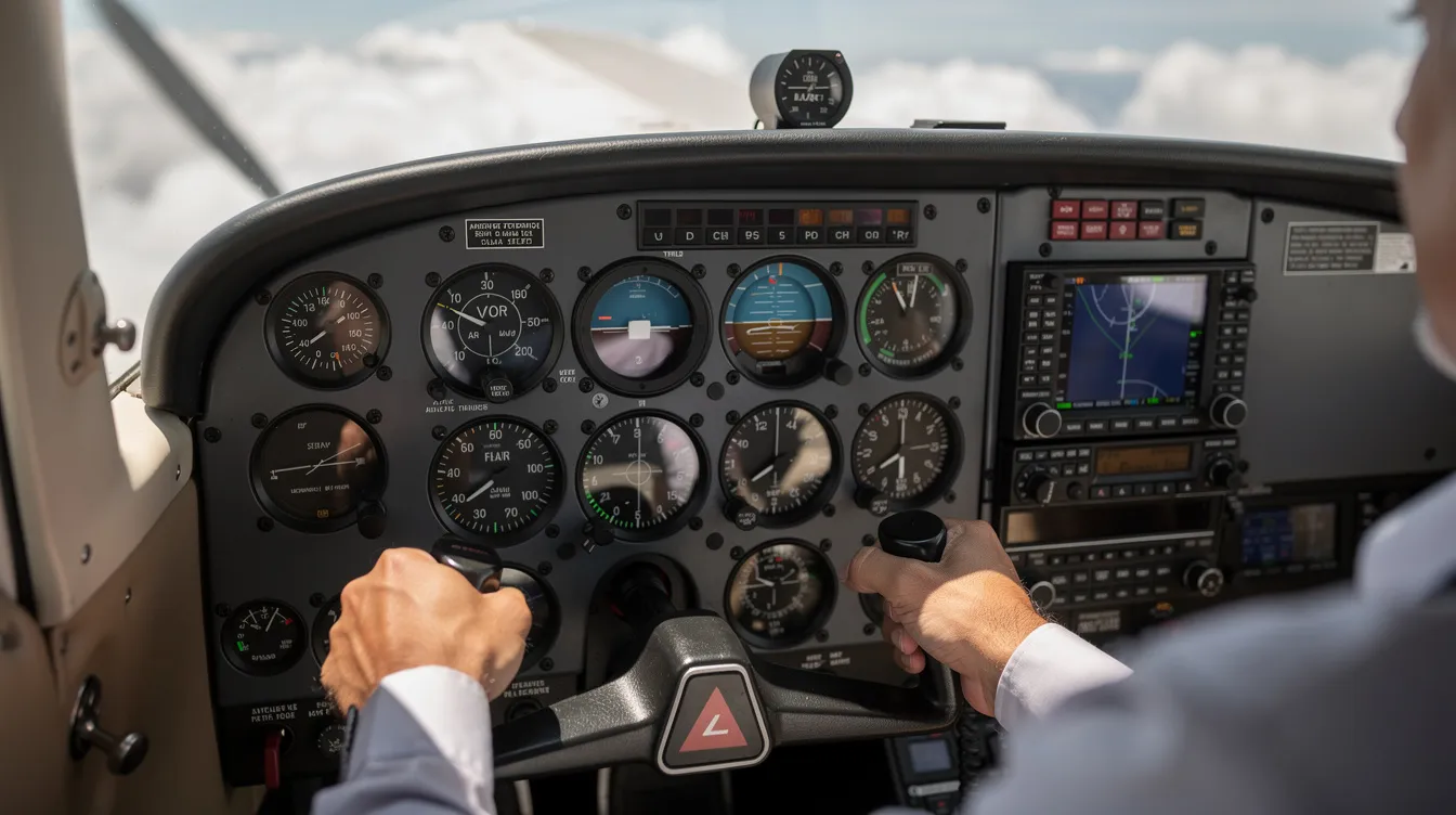 A close-up view of a Cessna 172 cockpit instrument panel during flight shows the pilot's hands gripping the yoke, surrounded by various flight instruments essential for navigation and control. This training aircraft, known for its high wing design and great visibility, is a popular choice among flight schools for student pilots learning the basics of aviation.