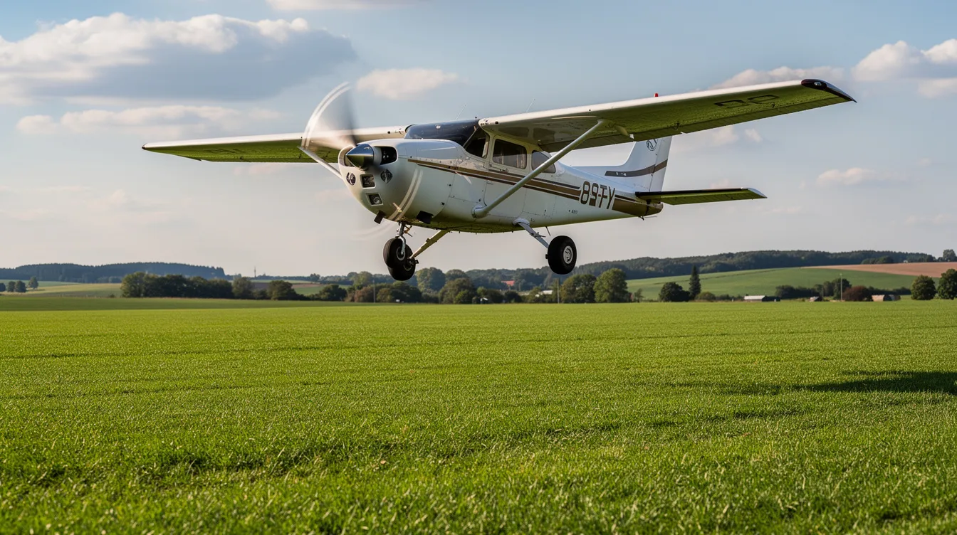 A Cessna 172 is depicted on short final approach, with its tricycle landing gear clearly visible as it flies over a lush green field. This training aircraft, known for its high wing design and great visibility, is commonly used in flight training for student pilots.
