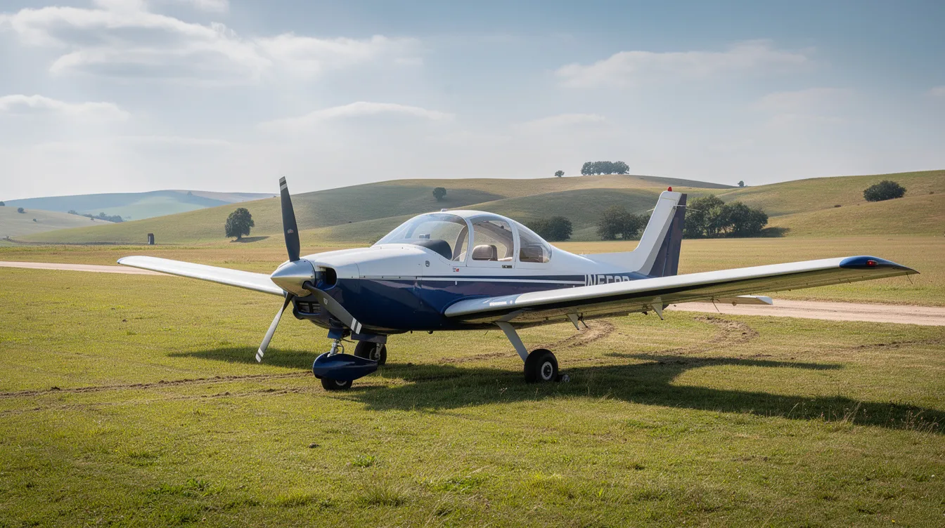 A small two-seat ultralight aircraft, specifically a Quicksilver model, is parked on a rural grass airstrip, with rolling hills in the background. The scene captures the essence of flight training in a serene southern California setting, perfect for aspiring ultralight pilots.