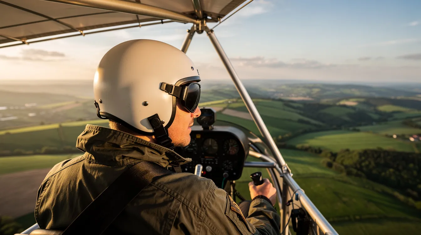 A pilot wearing a helmet and sunglasses is seated in an open-cockpit ultralight aircraft, resembling an airbike, soaring through the sky with rolling hills visible below. The lightweight design and configuration of the aircraft allow for a fun and exhilarating flight experience.