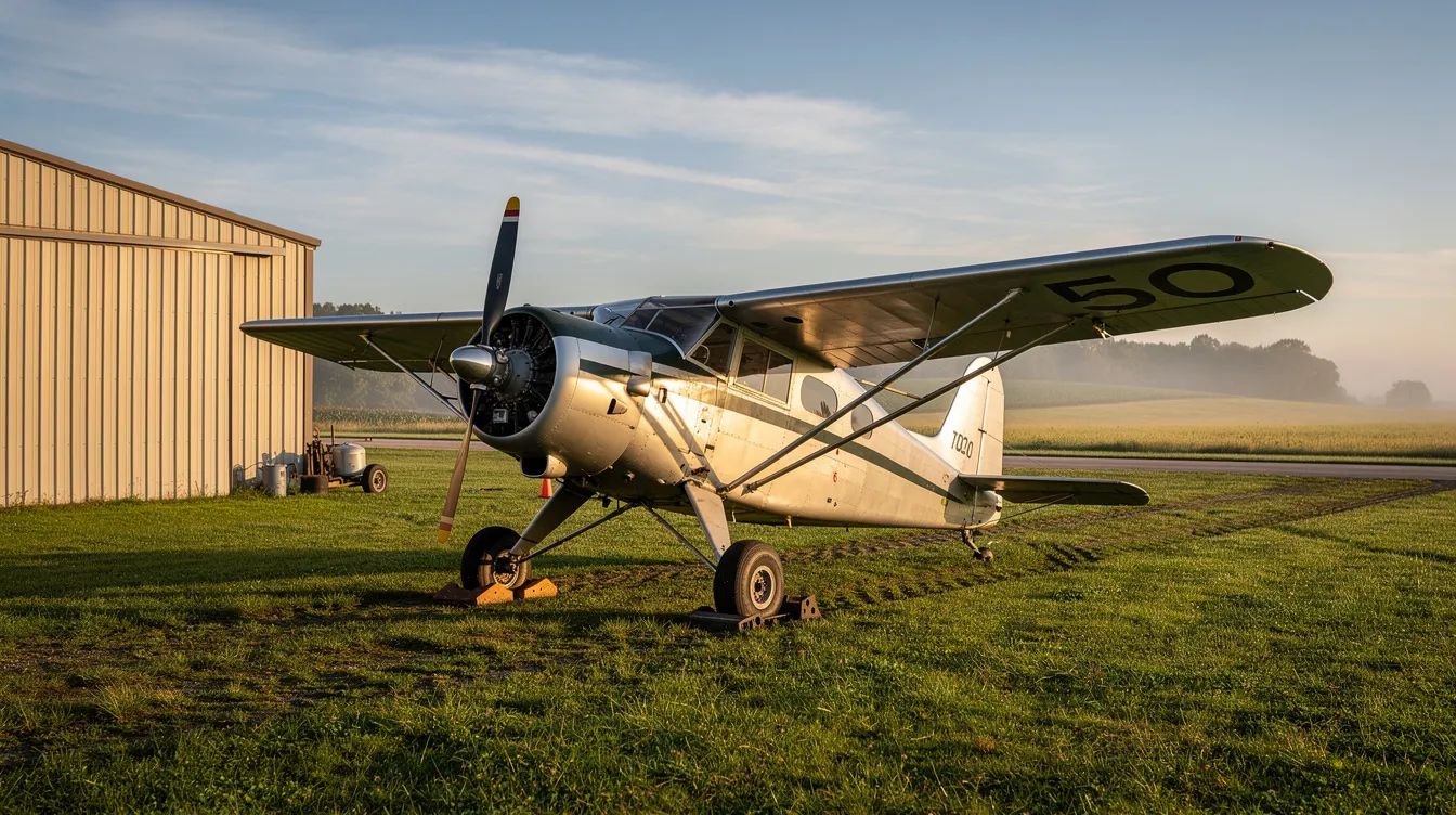 A small taildragger airplane, resembling an ison airbike ultralight, is parked on a grassy airstrip next to a rustic hangar under a clear blue sky. The scene captures the essence of rural aviation, with the airplane's light fuselage and simple design highlighting the joy of flying and the thrill of first flights.